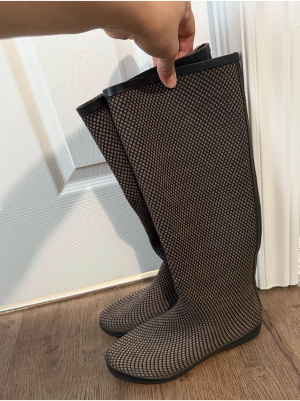 Patterned Tall Rubber Rain Boots in Brown and Black
